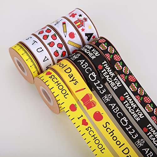 Meseey Back to School Themed Grosgrain Ribbon Ruler School Bus Apple ABC Pencil Backpack Books Chalkboard Printed Craft Ribbons for Teacher Appreciation,Wreath,Gift Wrapping (School Theme Set) - color: School Theme Set