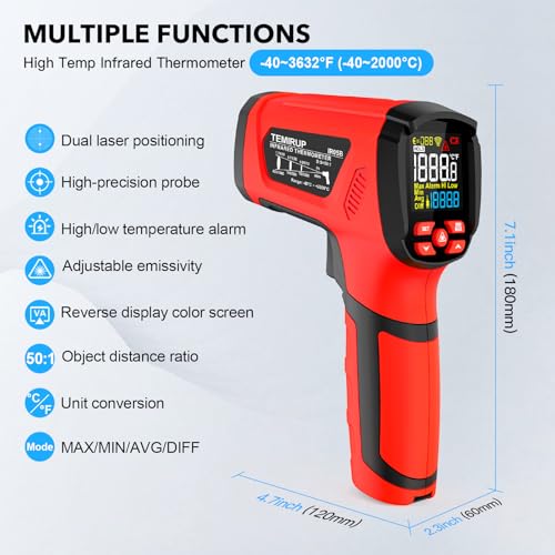 Infrared Thermometer Temperature Gun, -40℉-3632℉, Non Contact Digital Laser Thermometer Pyrometer 50:1 High Temp with Color LCD Display for Industrial HVAC Forge Metal Smelting