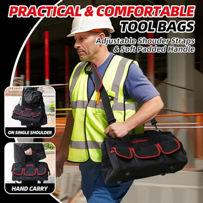 Tool Bag 16'', Multi-pocket Tool Organizer with Shoulder Strap, Heavy Duty Tote with for Tool Storage, Black & Red - color: Red