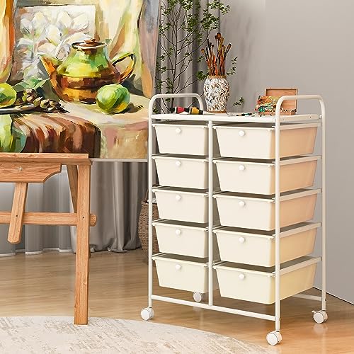 COSTWAY 10 Drawer Rolling Storage Cart, Utility Cart with Lockable Wheels - color: White, size: 10 Drawer