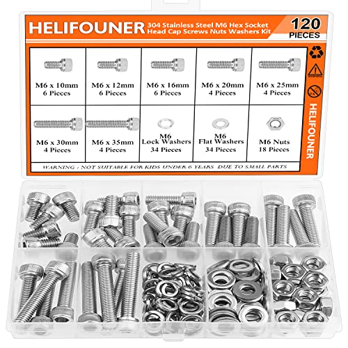 HELIFOUNER 120 Pieces M6 x 10mm /12mm /16mm /20mm /25mm /30mm /35mm, Hex Socket Head Cap Screws Bolts Washers Nuts Kit, 304 Stainless Steel - size: M6, style: Socket Head Screws