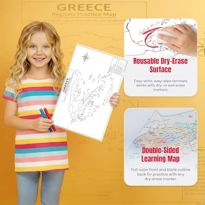 Greece Map Poster 11x17 | Laminated Double-Sided Geography Chart with Color Map Front & Blank Outline Back | Reusable Classroom & Homeschool Learning Tool - color: Greece