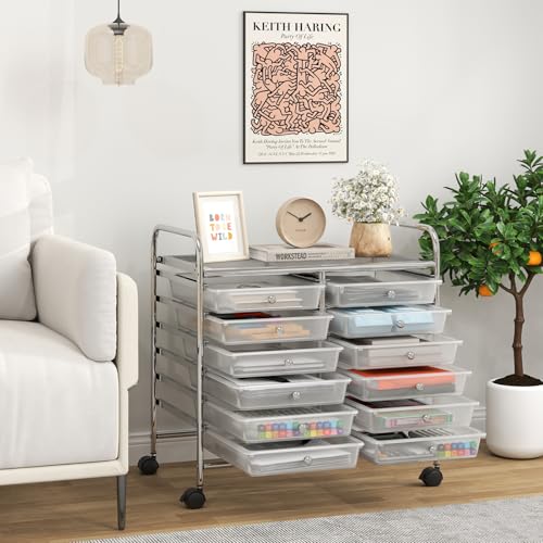 Giantex 12 Drawers Rolling Cart, Mobile Storage Drawer Cart, Classroom Organizer Cart for Office School Supplies Tools Scrapbook Paper Craft Small Printer, Utility Cart on Wheels, Clear - color: Clear, size: 12 Drawer-25”x15”x24.5”