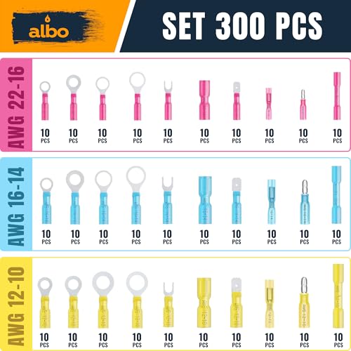 ALBO 300PCS Electrical Connector Kit 3 Colors / 30 Size, Heat Shrink Waterproof Crimp Wire Connectors with Ring Terminals, Spade & Fork Terminal Connectors, Male and Female Wire Terminals - color: Set of 300 connectors of all types