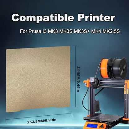 254x241mm Gold PEI Build Plate for Prusa I3 MK3/MK3S/MK3S+/MK2.5S, Double Sided Textured PEI Flexible Spring Steel Platform Heated Printing Bed for Prusa I3 MK3/MK3S/MK3S+/MK2.5S 3D Printer - size: 254x241mm