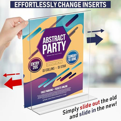 Acrylic Sign Holder 8.5 x 11, T-Shape Tabletop Display Stand, Double-Sided Bottom Load Portrait Frame, Menu and Ad Holder for Restaurants, Promotions, Photos, or Classrooms, Durable Design (3 Pack)