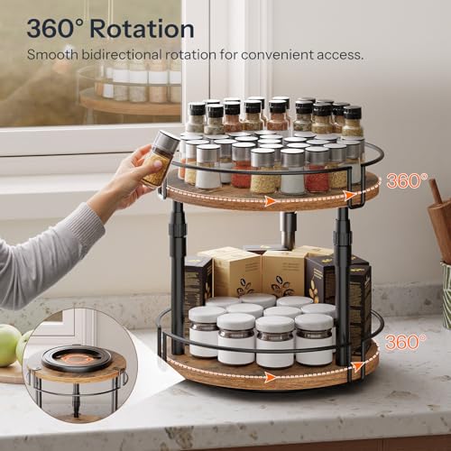 HOOBRO Lazy Susan Organizer Spice Rack, 2-Tier Height Adjustable Rotating Spice Organizer, for Kitchen Countertop and Cabinet, Rustic Brown BF05TL01 - color: Rustic Brown + Black