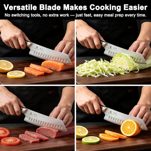 imarku Japanese Santoku Knife 7 Inch, 10Cr15CoMoV 3-Layer Stainless Steel - color: Arctic Silver