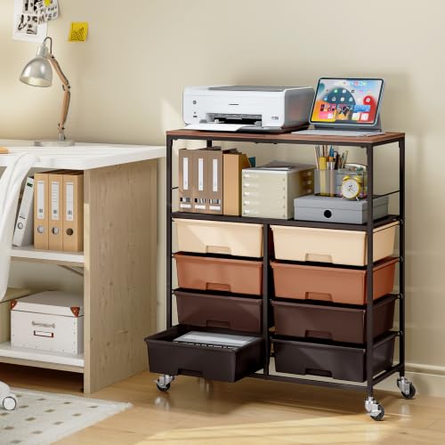 APEXCHASER Rolling Storage Cart with 8 Large Drawers, Wooden Tabletop - color: Brown