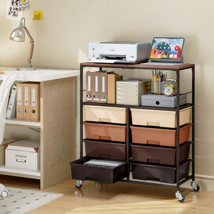 APEXCHASER Rolling Storage Cart with 8 Large Drawers, Wooden Tabletop - color: Brown