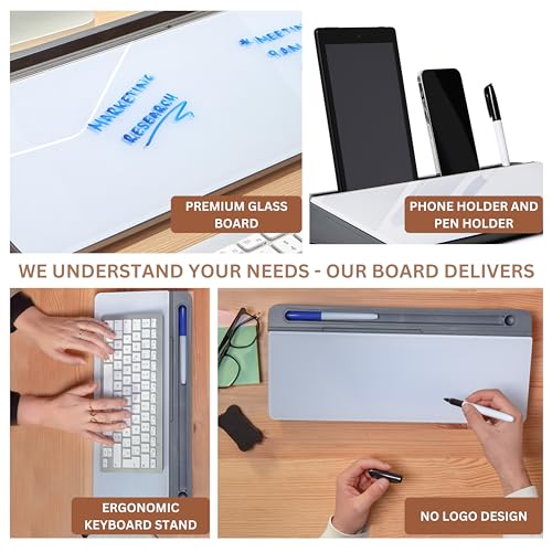 GAROOD Desktop Dry Erase Board with Storage (Grey Base) Desk Desk Board Glass Desktop White Board with Stand Home Office Organizer Phone Holder 15.8X7X2 inches - color: Grey Base + Whiteboard