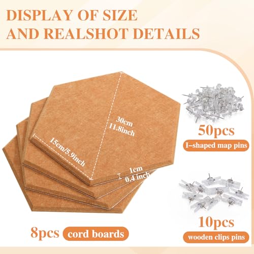 Mooliwe 8 Pcs 12 Inch Hexagon Cork Board Tiles Pins Clips, Yellow - color: Yellow