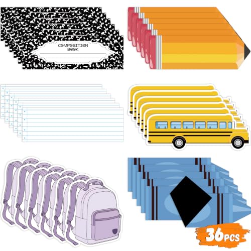 Crtiin 36 Pcs Back to School Magnetic Name Tags Reusable Desk Name Tags Crayon School Bus Schoolbag Shape Nametags Dry Erase Stickers for Locker Classroom Desks, Whiteboard, Office Supplies