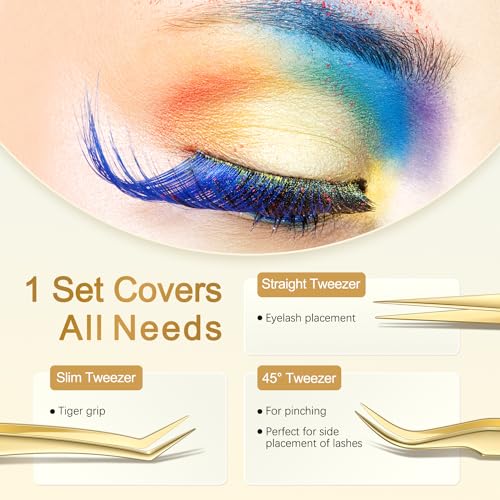 MORGLES Golden Lash Tweezers Set, 5 PCS Professional Eyelash Tweezers - color: Golden