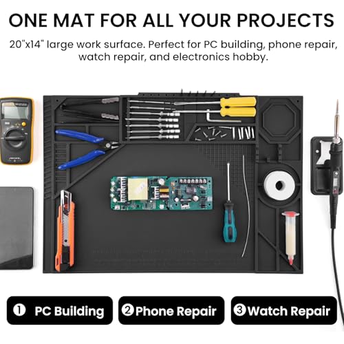 Silicone Soldering Mat with Soldering Stand, Heat Resistant 932°F, Large 20x14 Inch Non-Stick Workbench Mat for Electronics Repair, PCB, Phone, Watch, PC Building, Hobby & Craft - Black - color: Black