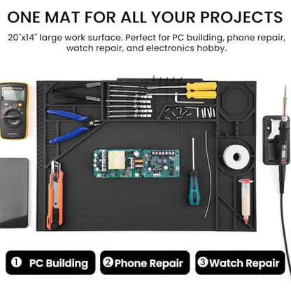 Silicone Soldering Mat with Soldering Stand, Heat Resistant 932°F, Large 20x14 Inch Non-Stick Workbench Mat for Electronics Repair, PCB, Phone, Watch, PC Building, Hobby & Craft - Black - color: Black