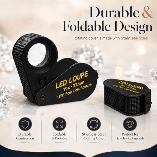 Jewelers Loupe Rechargeable Jewelry Magnifier, LED Loupe Triplet 10X with UV & LED Light for Jewelry, Watch Repair, Coins & Stamps (4 Lights Mode) - color: Black