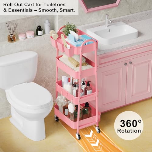4 Tier Rolling Cart Metal with Lockable Wheels, Four Tiered Utility Carts - color: Fashion Pink, size: 4 tier