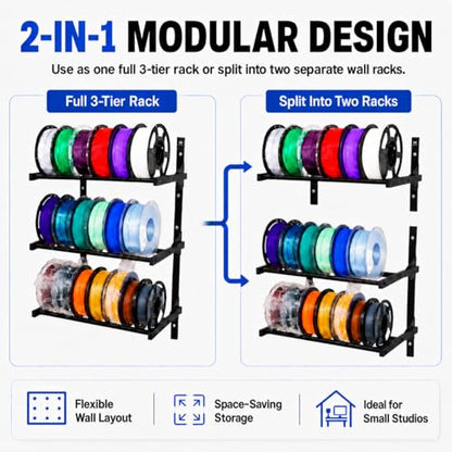 2-in-1 Filament Storage Rack, 3-Tier Wall Mount Spool Holder