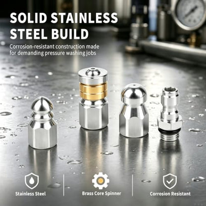 Sewer Jetter Nozzle Kit, 3 Pcs Stainless Steel Rotating Button Nose