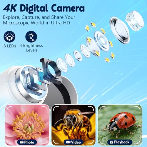 Odatay 2.4" 4K 1000X Digital Kids Microscope with 32G Card 12 Slides, White - color: White