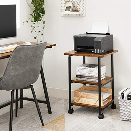 VASAGLE 3-Tier Printer Stand with Locking Wheels, Under Desk Printer Table - color: Rustic Brown + Ink Black, size: 3 Tiers/Compact