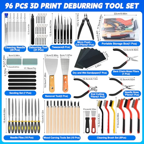 AOBOPLE 96 Pcs 3D Printer Tool Kit with Deburring Tool for FDM/SLA Printers - color: 96 Pcs