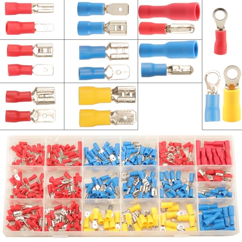 Feggizuli 350pcs 19 Types Crimp Connectors, 2.8mm, 4.8mm, 6.3mm Male and Female Spade Terminals, Copper, Red, Blue, Yellow - size: 350pcs