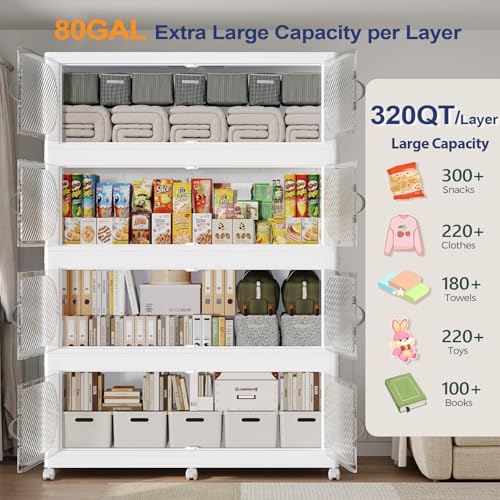 960QT Extra Large Stackable Storage Bins with Lid, 240Gal Plastic Closet Organizers and Storage Drawer, Collapsible Cabinet Box with Wheels Clear Doors for Home Kitchen Office, 3Pack White - size: 320QT
