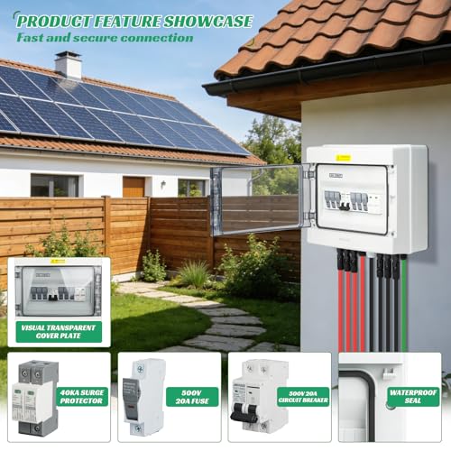 3 in 1 Out Solar Combiner Box,PV Combiner Box with 20A PV Fuse,DC 63A Circuit Breaker and Surge Protector,IP65 Solar Disconnect Switch Box for Indoor Outdoor Solar Panel System (3 in 1 Out 20A 500V) - size: 3 In 1 Out 20A 500V