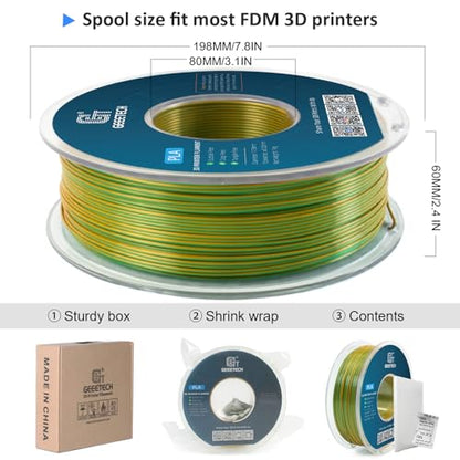 Geeetech 3D Printer Silk PLA Dual Color Filament, Metal-Like Shiny Silk Filament 1.75mm 1kg (2.2lbs) Spool, Dimensional Accuracy +/- 0.02 mm, Silk Yellow Green - color: 1kg Dual Color Yellow-green