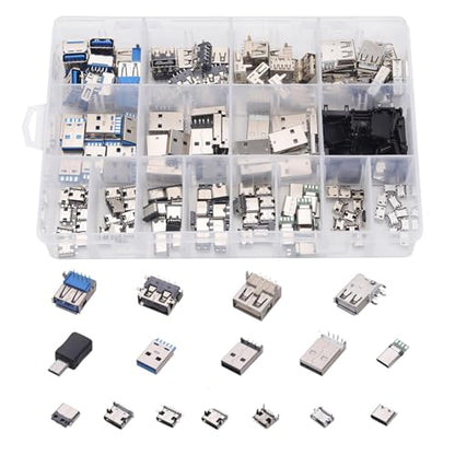 180PCS USB Connector Assortment Kit, Male Female Sockets for Repair
