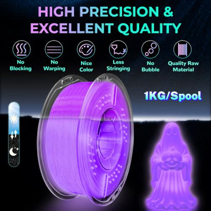 PLA+ 3D Printer Filament, Glow in The Dark Filament 1.75mm, Long-Lasting Glow & High-Brightness, Luminous Bright 3D Printing Filament for Most 3D Printer - 1kg Spool(Glow Blue Purple) - color: Bluepurple