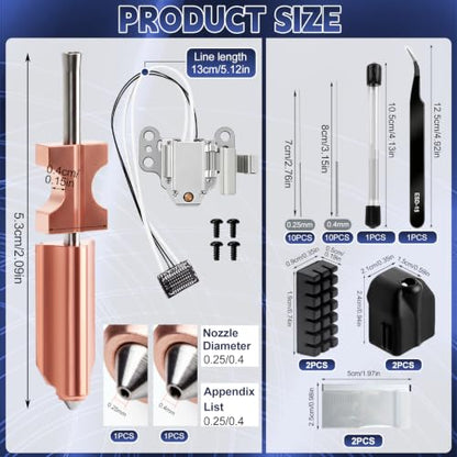 2PCS 0.25/0.4MM AD5X Nozzle Kit and 1PCS Hotend Heating Assembly Kit, All Metal Quick-Detachable Nozzle Kit, 600mm/s High-Speed, with 2 Silicone Sock, 2 Nozzle Brush, 20 Cleaning Needles, Tweezer - size: 30PCS