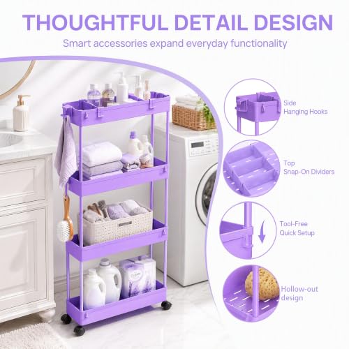 SPACELEAD Slim Storage Cart 3 Tier,Bathroom Organizer Rolling Utility,Mobile Shelving Unit Slide Out for Office, Kitchen, Laundry Room & Narrow Places,Purple - color: Purple