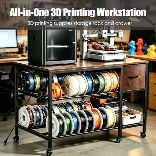 3D Printer Stand with Fliament Storage, Heavy Duty 3D Printer Table (Brown) - color: Brown, size: 2Tier