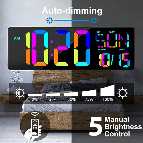 XREXS 17.2" Large Digital Wall Clock RGB Color Changing with Remote Control