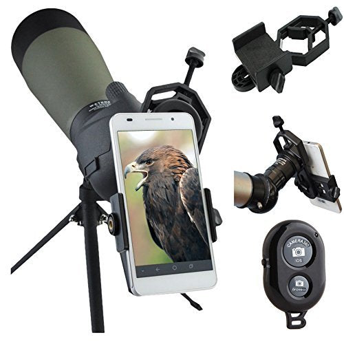 AccessoryBasics Binocular Spotting Scope Telescope Microscope Periscope Adapter Aluminum Mount for Smartphone iPhone 16 17 Air Pro Max Galaxy S26 S25 Pixel Plus Video Recording [Includes Remote]