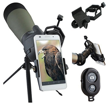 AccessoryBasics Binocular Spotting Scope Telescope Microscope Periscope Adapter Aluminum Mount for Smartphone iPhone 16 17 Air Pro Max Galaxy S26 S25 Pixel Plus Video Recording [Includes Remote]