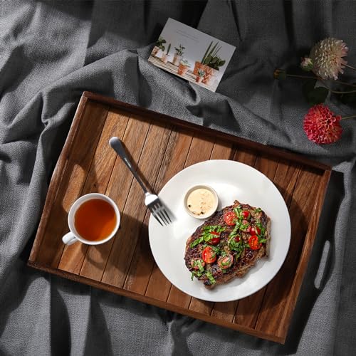 Joy&Grace Large Acacia Wooden Serving Tray with Handles 20 x 14 inch Decorative Coffee Table Ottoman Tray for Living Room Extra Large for Kitchen Dinner Food Bar Breakfast in Bed (Color Natural) - color: Natural Wood