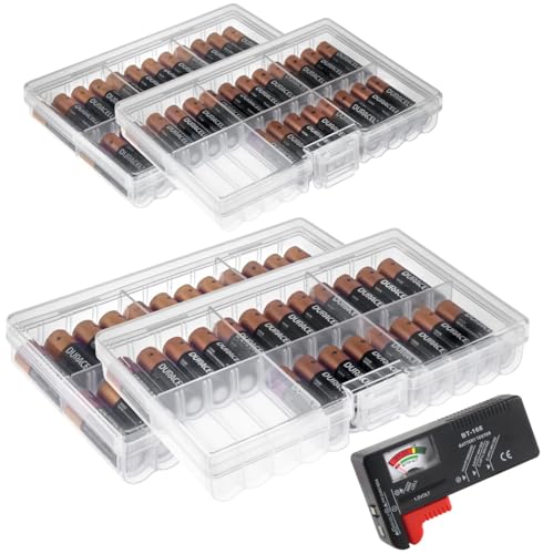 GlossyEnd Set of 4 - Two AA and Two AAA Battery Storage Box, Battery Storage Case Holder with Tester, Clear. Each Case Stores 48 Batteries