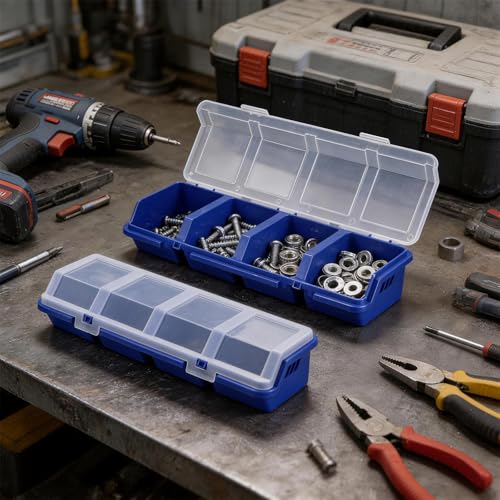 6 Pcs Screw Organizer Box with Lid, 4 Divider Compartments Tool Bin, Plastic Small Part Storage Screw Box for Garage Workbench Craft Storage Nails Bolt, Blue