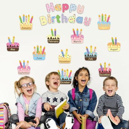 FYSUIMU 67 Pcs Happy Birthday Bulletin Board Decoration Set Birthday Cake Cutouts Back to School Paper Cutting with Glue Points for First Day of School Party Classroom Wall Calendar