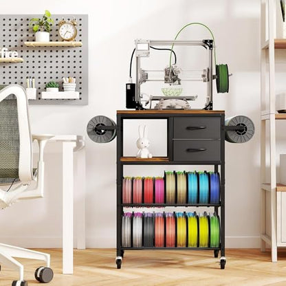 3D Printer Stand with Filaments Storage, Rolling 3D Printer Table Filament Storage Rack with Drawer and Lockable Wheels, Heavy Duty Spool Organizer Rack for Workshop Studio Office