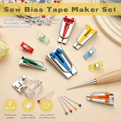 5 Sizes Bias Tape Makers Kit, Binding Foot, Awl, Clips, Bead Needles - color: 5 Colors-1