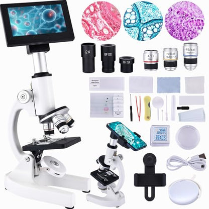 Microscope 40X-2500X Magnification with 4.3-inch Display, Wide-Angle 10X and 25X eyepieces, and Built-in 5-megapixel Camera for School Labs, Animal Husbandry (White) - color: white