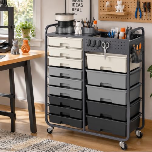 14 Drawer Rolling Storage Cart with Tabletop and Pegboard for Crafts Grey - color: Grey