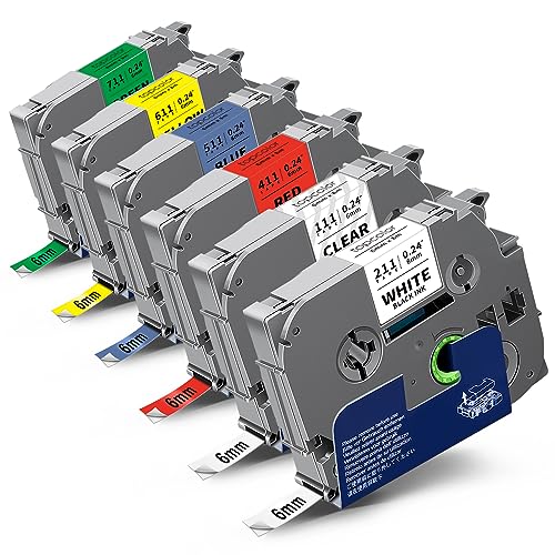 6-Pack Compatible for Brother Tze Tz Tape 6mm 0.23" Laminated Multi-Color - color: Black on Clear/White/Red/Blue/Yellow/Green, size: 0.23 inch (6mm)