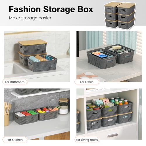 Ohmlove 6 Pack Plastic Storage Baskets with Bamboo Lids for Organization - color: Gray