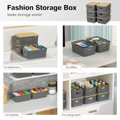 Ohmlove 6 Pack Plastic Storage Baskets with Bamboo Lids for Organization - color: Gray